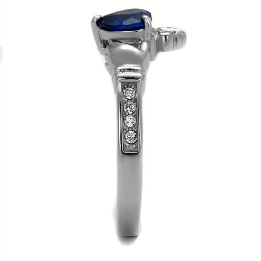 ARTK2093 Stainless Steel Heart Shape London Blue CZ Irish Claddagh Ring Women's Size 5-10